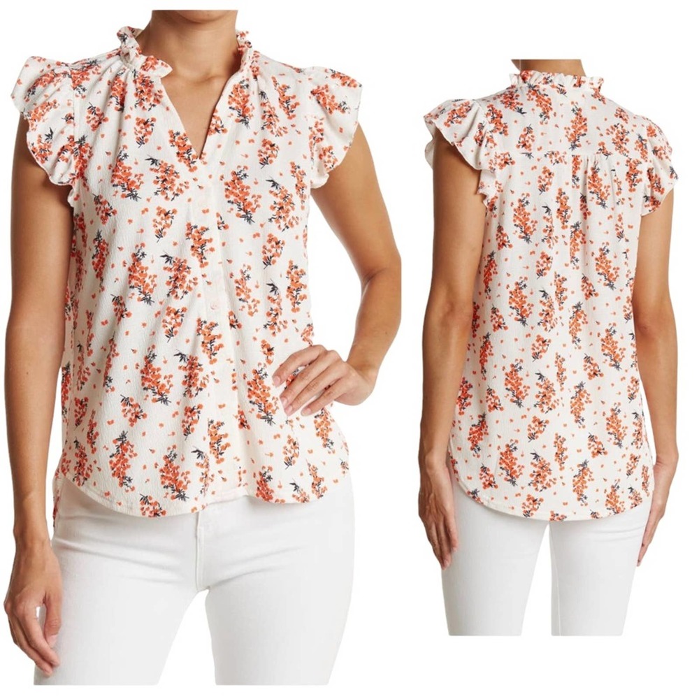Nordstrom MELLODAY Ruffle Trim Neck Front Button Floral Print Top Size S - Picture 10 of 10